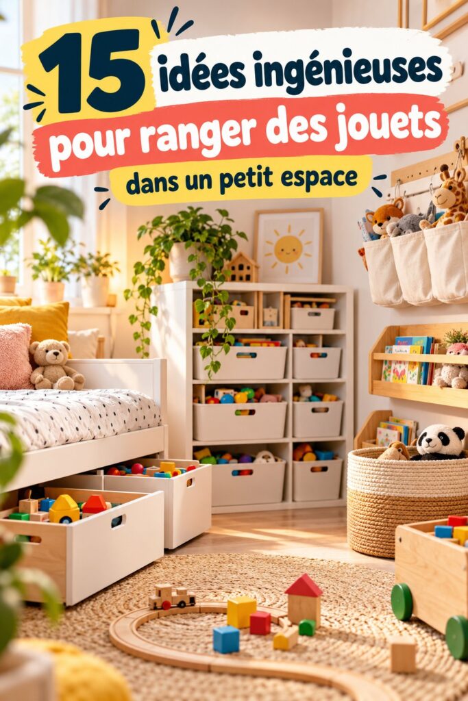 Espace de rangement élégant pour jouets avec étagères et bacs dans une salle de jeu