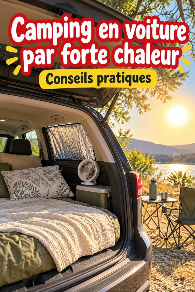 Une tente de camping bien rangée avec des accessoires pratiques pour lutter contre la chaleur.
