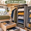 Espace de rangement optimisé pour vêtements dans un camping-car avec des accessoires pratiques.