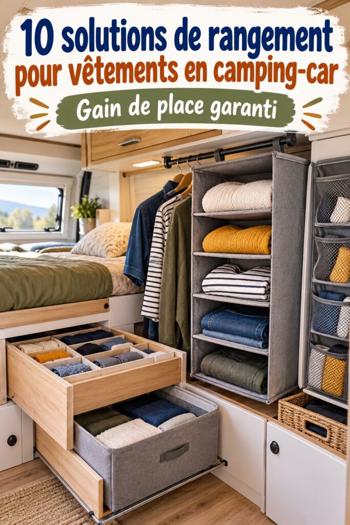 Espace de rangement optimisé pour vêtements dans un camping-car avec des accessoires pratiques.