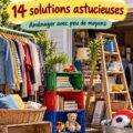 Vente de garage sans tables illustrée par des objets exposés sur des supports variés.