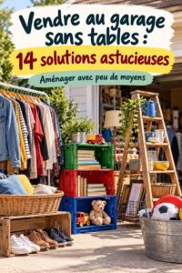 Vente de garage sans tables illustrée par des objets exposés sur des supports variés.