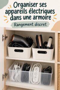 Station de chargement organisée pour appareils électroniques, intégrée dans un meuble moderne.