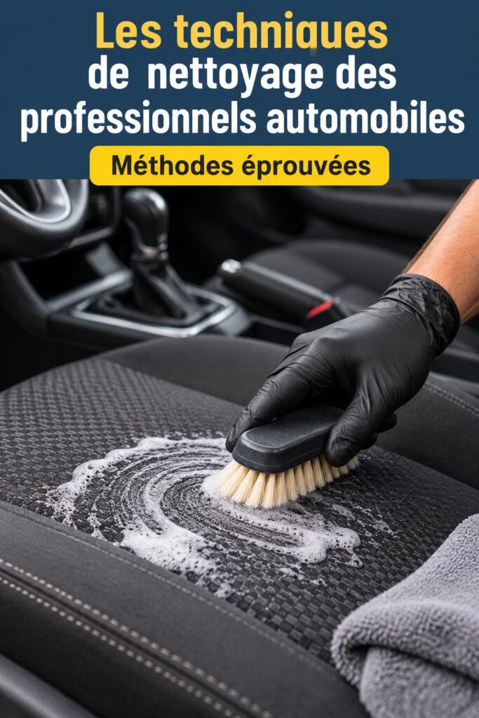 Une professionnelle effectue un nettoyage approfondi d'une voiture avec des outils spécialisés.