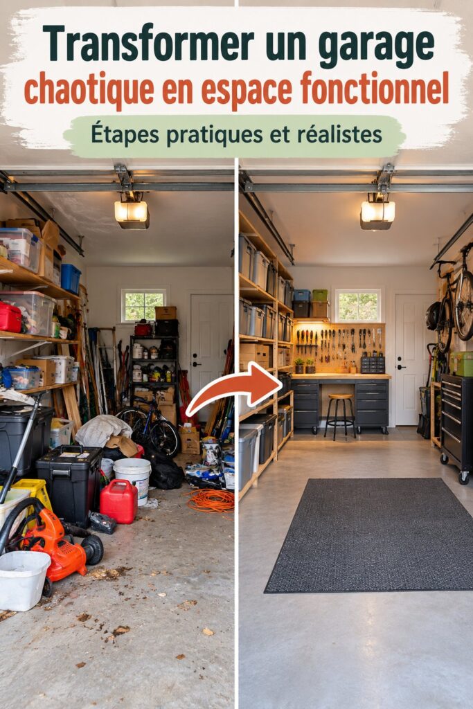 Garage bien rangé avec des étagères et des outils organisés
